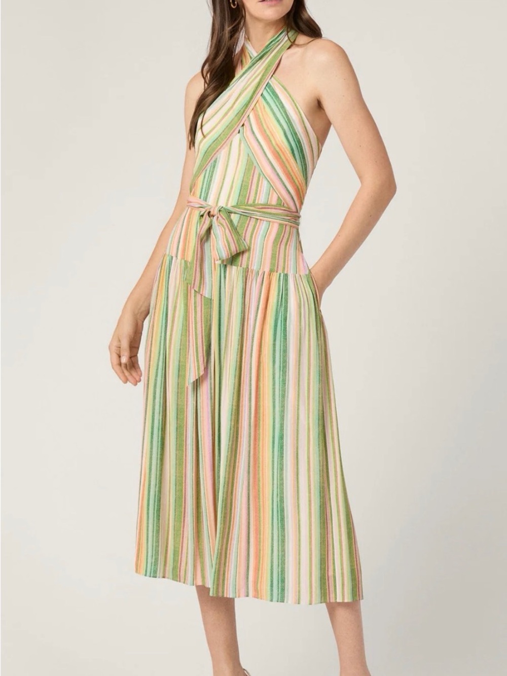 Shoshanna Halter Maxi Dress in Green, Peach & Pink Stripes